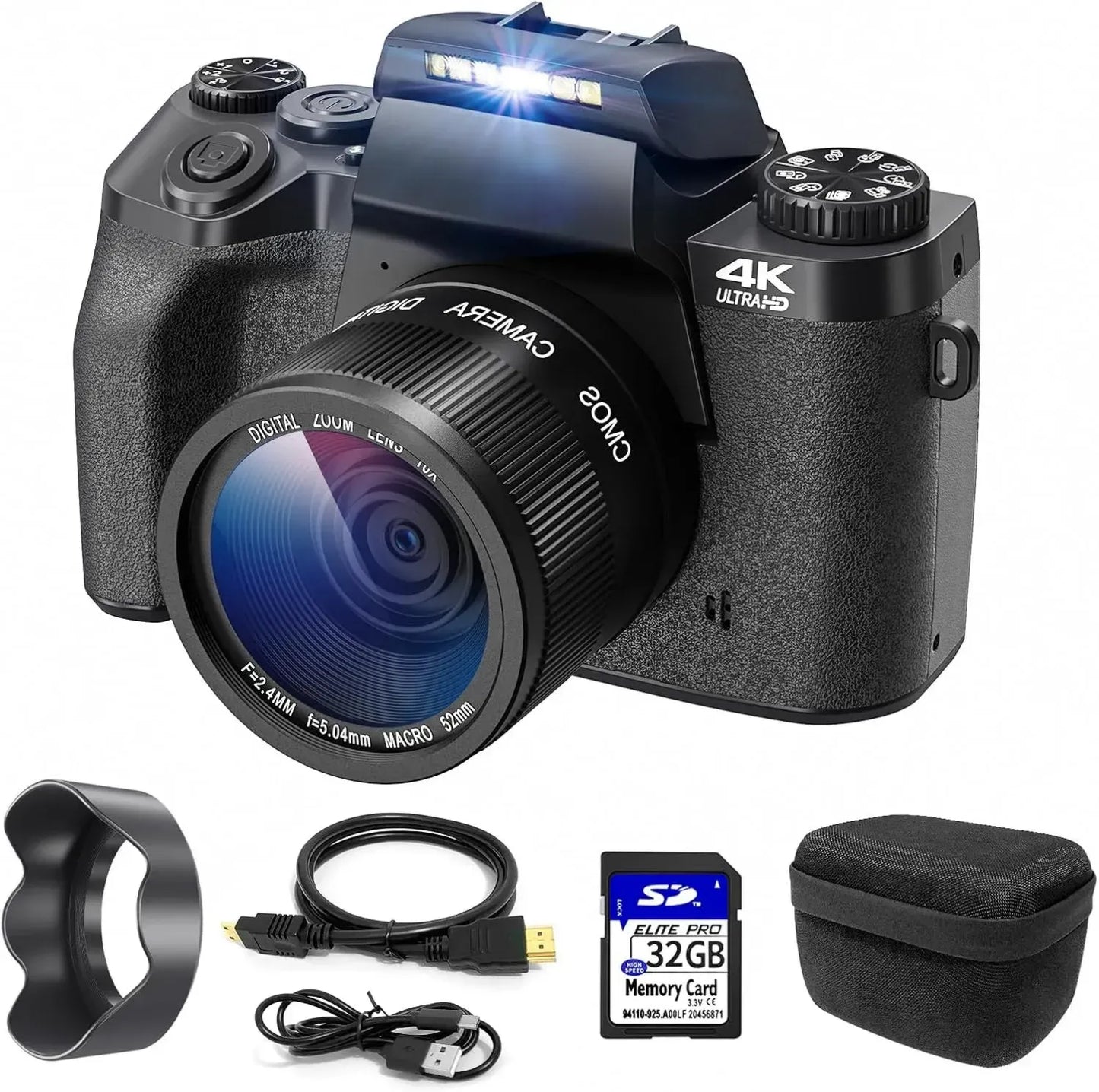 Appareil Photo Numérique 4K 64MP, Écran Tactile 3', Zoom 16X, WiFi, Accessoires Inclus, Noir